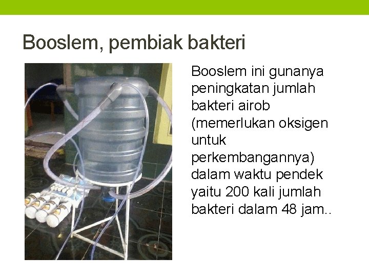 Booslem, pembiak bakteri Booslem ini gunanya peningkatan jumlah bakteri airob (memerlukan oksigen untuk perkembangannya)