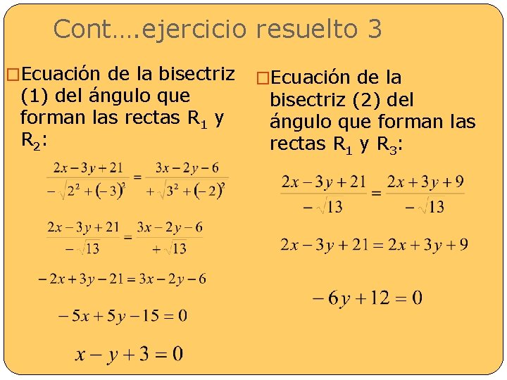 Cont…. ejercicio resuelto 3 �Ecuación de la bisectriz �Ecuación de la (1) del ángulo