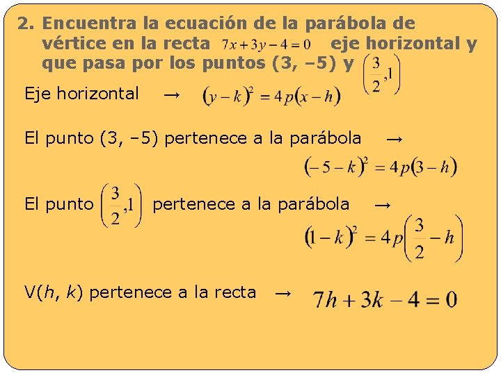 2. Encuentra la ecuación de la parábola de vértice en la recta eje horizontal