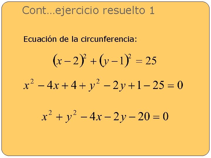 Cont…ejercicio resuelto 1 Ecuación de la circunferencia: 