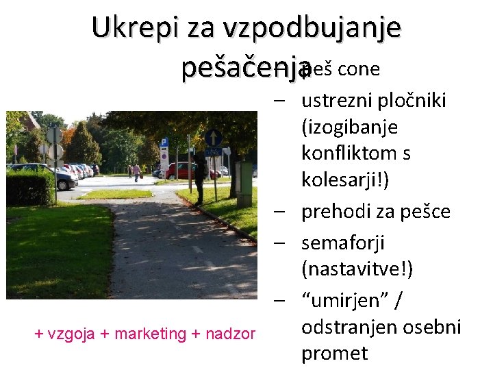 Ukrepi za vzpodbujanje – peš cone pešačenja + vzgoja + marketing + nadzor –