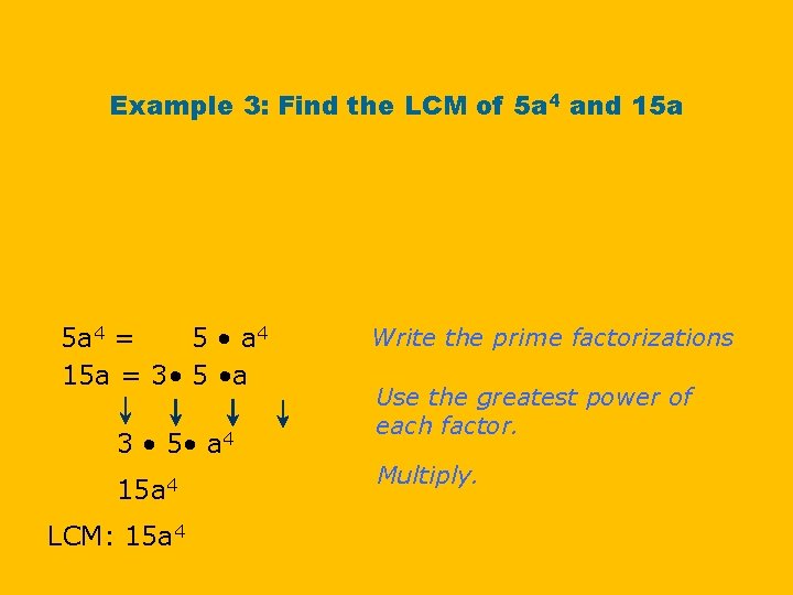 Example 3: Find the LCM of 5 a 4 and 15 a 5 a