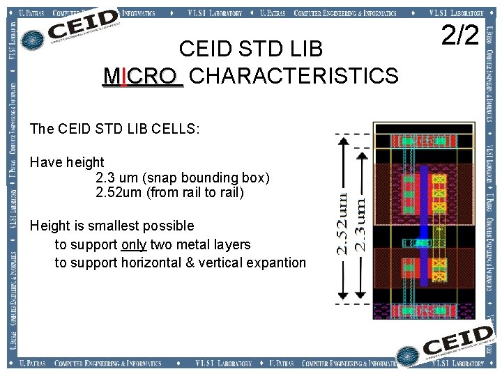 CEID STD LIB MICRO CHARACTERISTICS The CEID STD LIB CELLS: Have height 2. 3 CEID STD LIB MICRO CHARACTERISTICS The CEID STD LIB CELLS: Have height 2. 3
