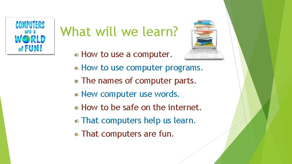What will we learn? How to use a computer. How to use computer programs.