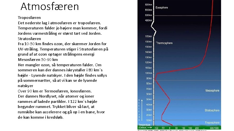 Atmosfæren Troposfæren Det nederste lag i atmosfæren er troposfæren. Temperaturen falder jo højere man