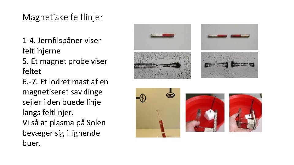 Magnetiske feltlinjer 1 -4. Jernfilspåner viser feltlinjerne 5. Et magnet probe viser feltet 6.