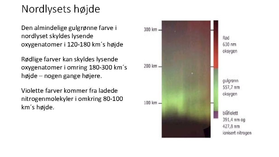 Nordlysets højde Den almindelige gulgrønne farve i nordlyset skyldes lysende oxygenatomer i 120 -180