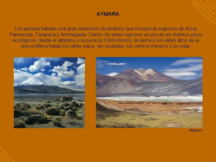 AYMARA Los aymara habitan una gran extensión de territorio que incluye las regiones de