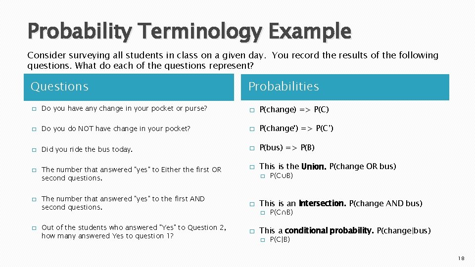 Probability Terminology Example Consider surveying all students in class on a given day. You