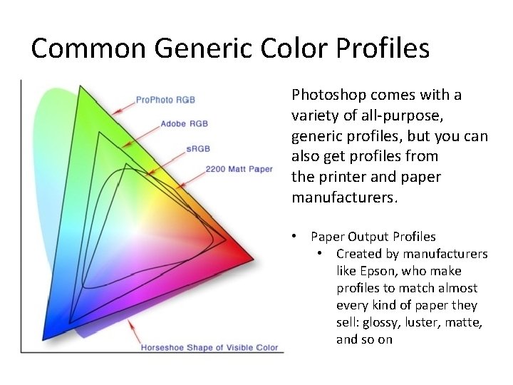 Common Generic Color Profiles Photoshop comes with a variety of all-purpose, generic profiles, but