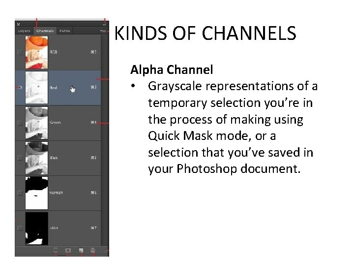 KINDS OF CHANNELS Alpha Channel • Grayscale representations of a temporary selection you’re in