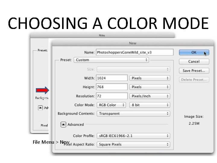 CHOOSING A COLOR MODE File Menu > New 