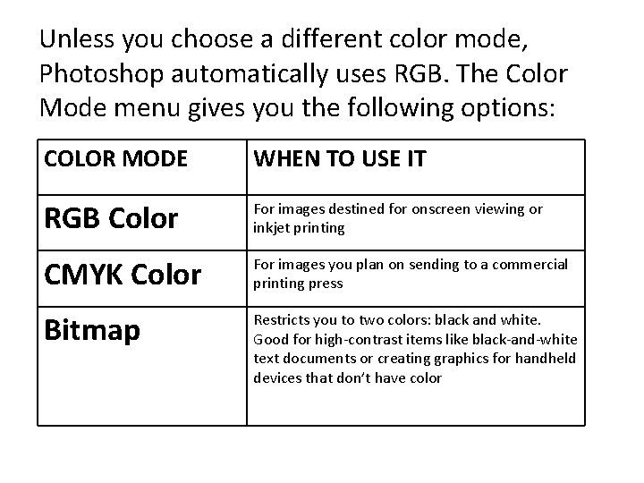 Unless you choose a different color mode, Photoshop automatically uses RGB. The Color Mode