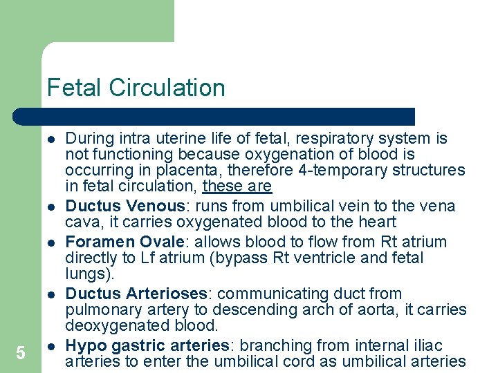 Fetal Circulation l l 5 l During intra uterine life of fetal, respiratory system