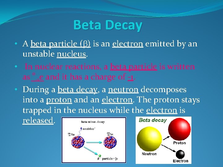 Beta Decay • A beta particle (b) is an electron emitted by an unstable