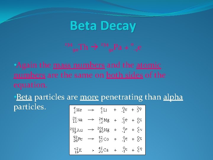 Beta Decay 234 0 Th Pa + 90 91 -1 e • Again the