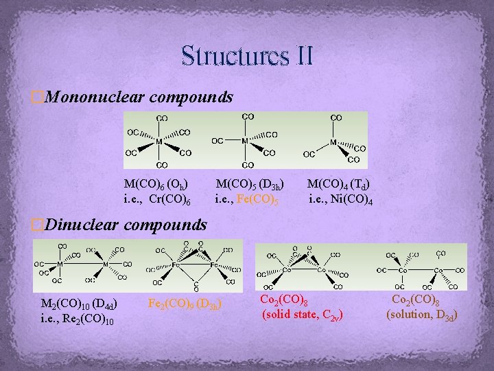 Structures II �Mononuclear compounds M(CO)6 (Oh) i. e. , Cr(CO)6 M(CO)5 (D 3 h)