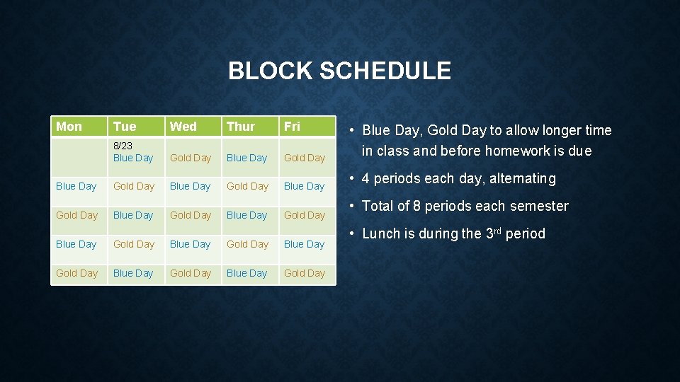 BLOCK SCHEDULE Mon Tue Wed Thur Fri 8/23 Blue Day Gold Day Blue Day