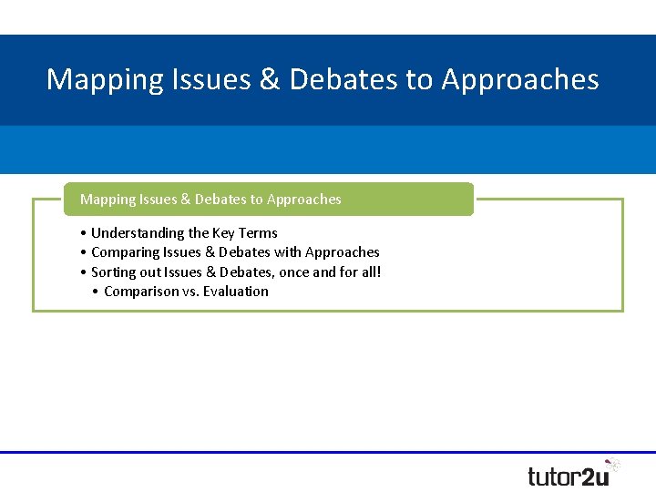 Mapping Issues & Debates to Approaches • Understanding the Key Terms • Comparing Issues