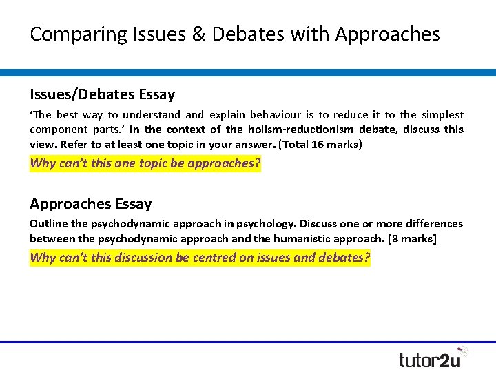 Comparing Issues & Debates with Approaches Issues/Debates Essay ‘The best way to understand explain