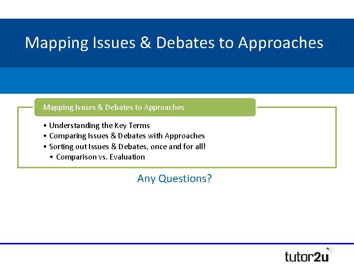 Mapping Issues & Debates to Approaches • Understanding the Key Terms • Comparing Issues