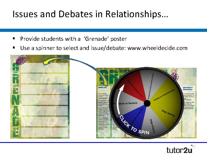 Issues and Debates in Relationships… Provide students with a ‘Grenade’ poster Use a spinner