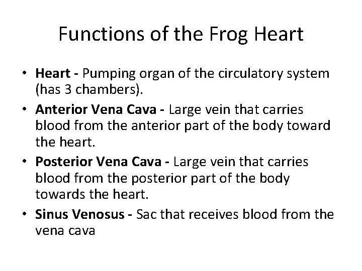 Functions of the Frog Heart • Heart - Pumping organ of the circulatory system Functions of the Frog Heart • Heart - Pumping organ of the circulatory system
