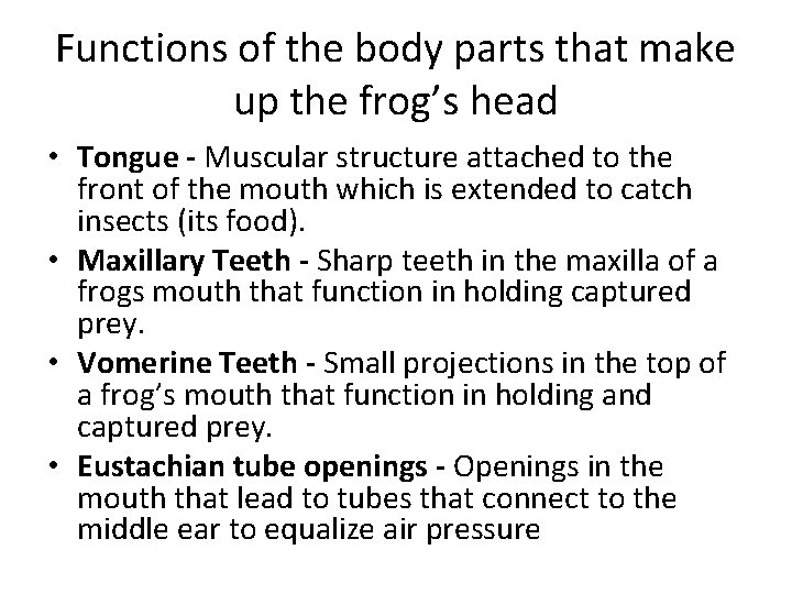 Functions of the body parts that make up the frog’s head • Tongue - Functions of the body parts that make up the frog’s head • Tongue -