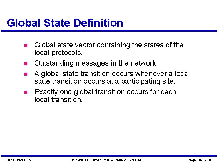 Global State Definition Distributed DBMS Global state vector containing the states of the local