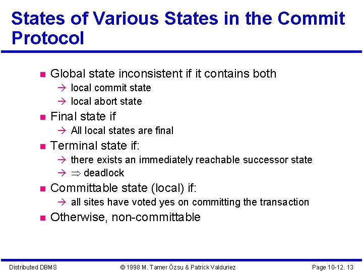 States of Various States in the Commit Protocol Global state inconsistent if it contains