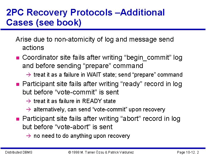 2 PC Recovery Protocols –Additional Cases (see book) Arise due to non-atomicity of log