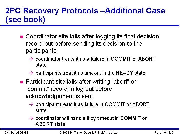 2 PC Recovery Protocols –Additional Case (see book) Coordinator site fails after logging its 2 PC Recovery Protocols –Additional Case (see book) Coordinator site fails after logging its