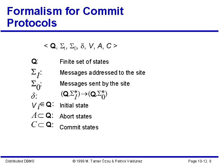 Formalism for Commit Protocols < Q, I, 0, , V, A, C > Q:
