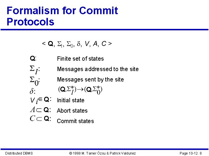 Formalism for Commit Protocols < Q, I, 0, , V, A, C > Q: Formalism for Commit Protocols < Q, I, 0, , V, A, C > Q: