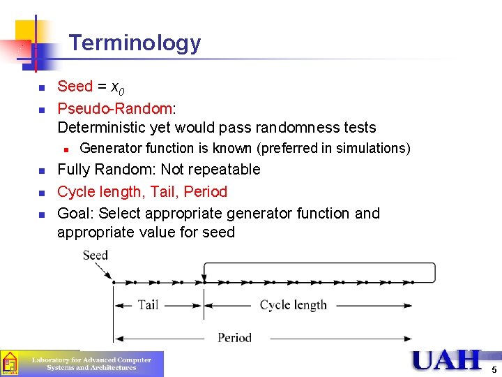 Terminology n n Seed = x 0 Pseudo-Random: Deterministic yet would pass randomness tests