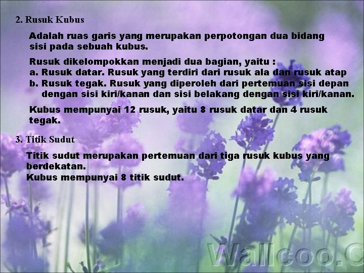 2. Rusuk Kubus Adalah ruas garis yang merupakan perpotongan dua bidang sisi pada sebuah