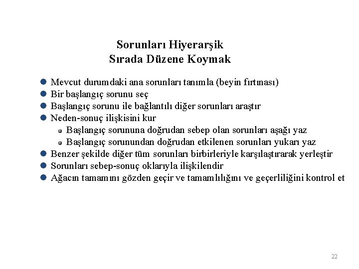 Sorunları Hiyerarşik Sırada Düzene Koymak l l Mevcut durumdaki ana sorunları tanımla (beyin fırtınası)