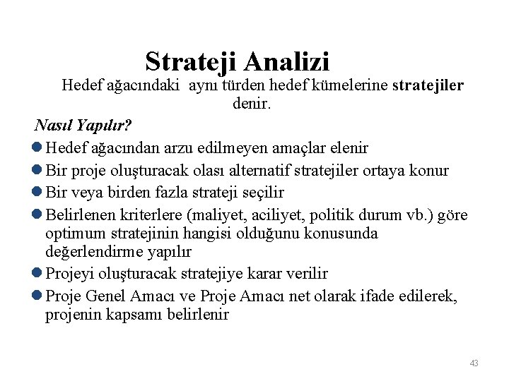 Strateji Analizi Hedef ağacındaki aynı türden hedef kümelerine stratejiler denir. Nasıl Yapılır? l Hedef