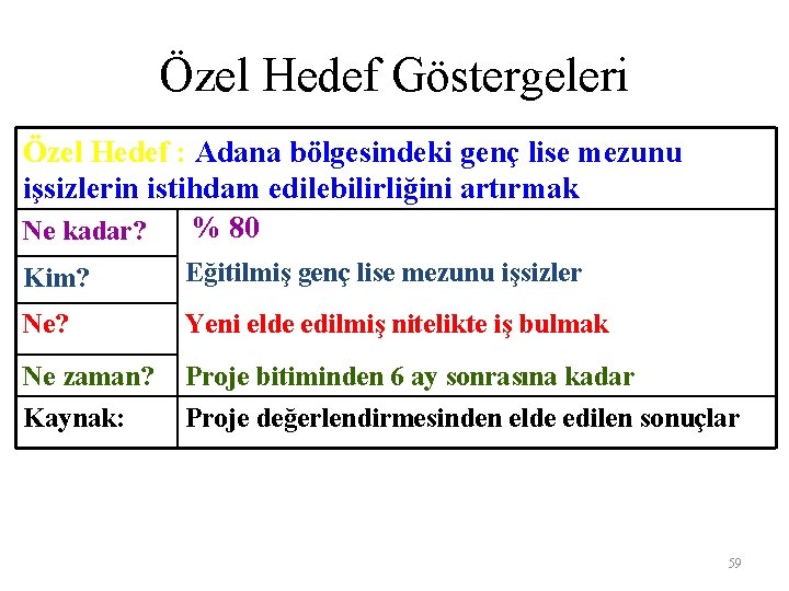 Özel Hedef Göstergeleri Özel Hedef : Adana bölgesindeki genç lise mezunu işsizlerin istihdam edilebilirliğini