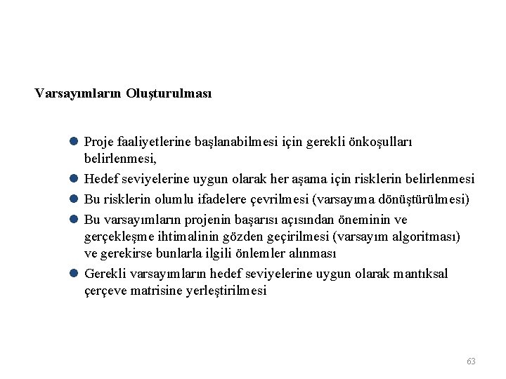 Varsayımların Oluşturulması l Proje faaliyetlerine başlanabilmesi için gerekli önkoşulları belirlenmesi, l Hedef seviyelerine uygun