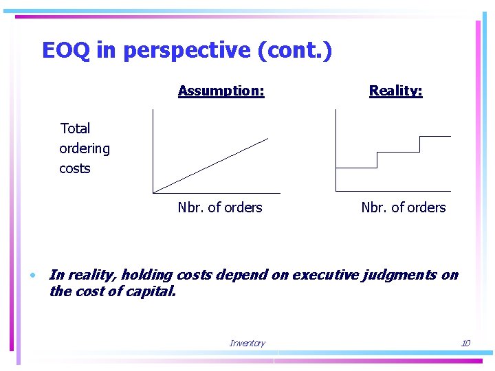 EOQ in perspective (cont. ) Assumption: Reality: Total ordering costs Nbr. of orders •