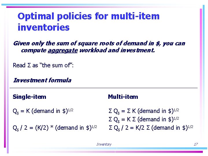 Optimal policies for multi-item inventories Given only the sum of square roots of demand