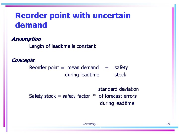 Reorder point with uncertain demand Assumption Length of leadtime is constant Concepts Reorder point