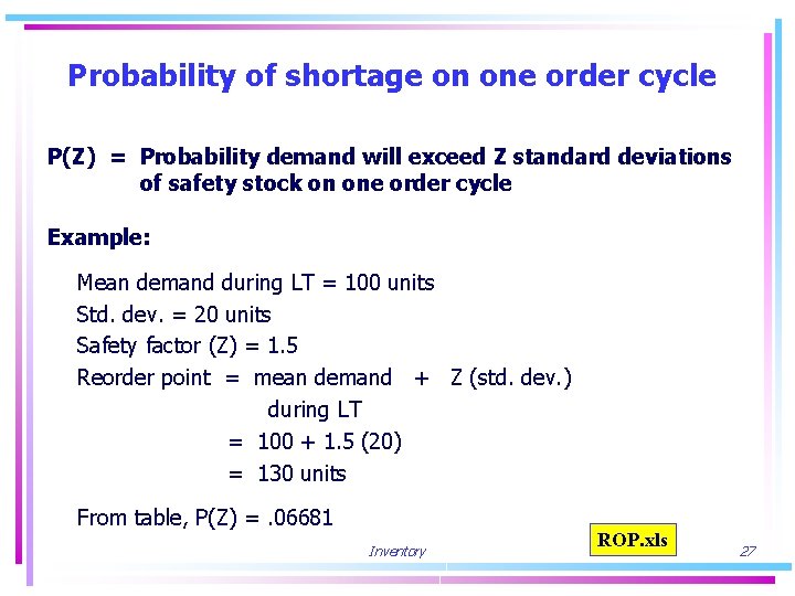 Probability of shortage on one order cycle P(Z) = Probability demand will exceed Z