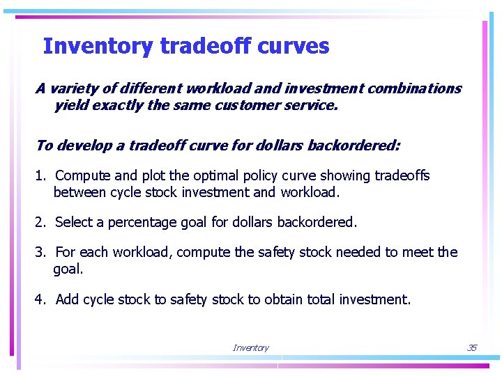 Inventory tradeoff curves A variety of different workload and investment combinations yield exactly the