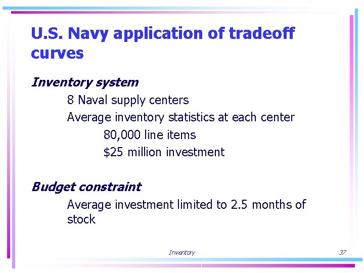 U. S. Navy application of tradeoff curves Inventory system 8 Naval supply centers Average