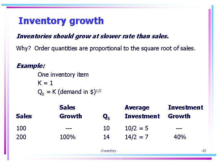 Inventory growth Inventories should grow at slower rate than sales. Why? Order quantities are