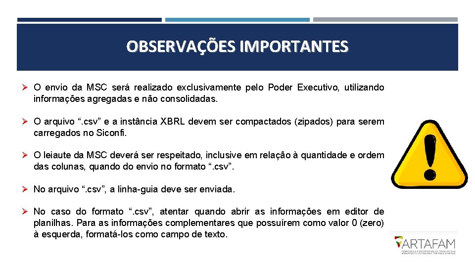 OBSERVAÇÕES IMPORTANTES Ø O envio da MSC será realizado exclusivamente pelo Poder Executivo, utilizando