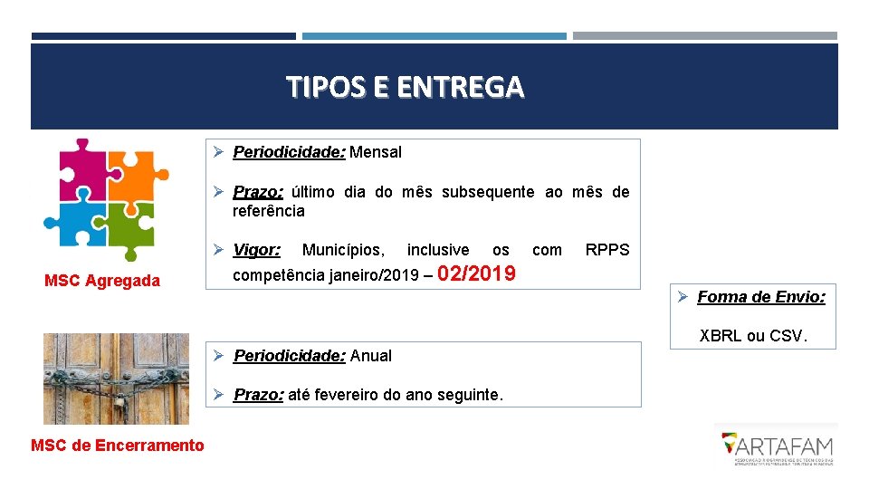 TIPOS E ENTREGA Ø Periodicidade: Mensal Ø Prazo: último dia do mês subsequente ao