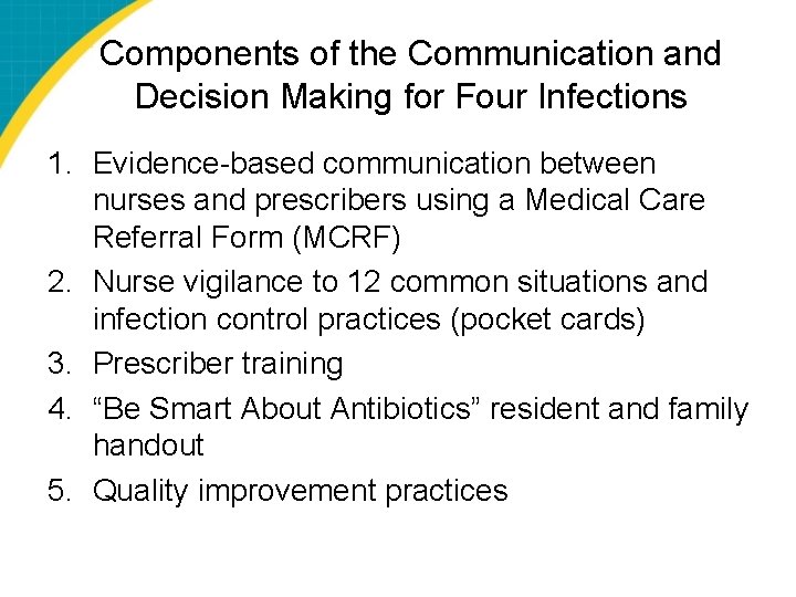 Components of the Communication and Decision Making for Four Infections 1. Evidence-based communication between